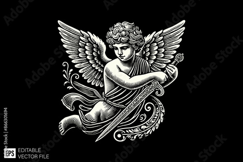 angels girls Praying black and white vector illustration