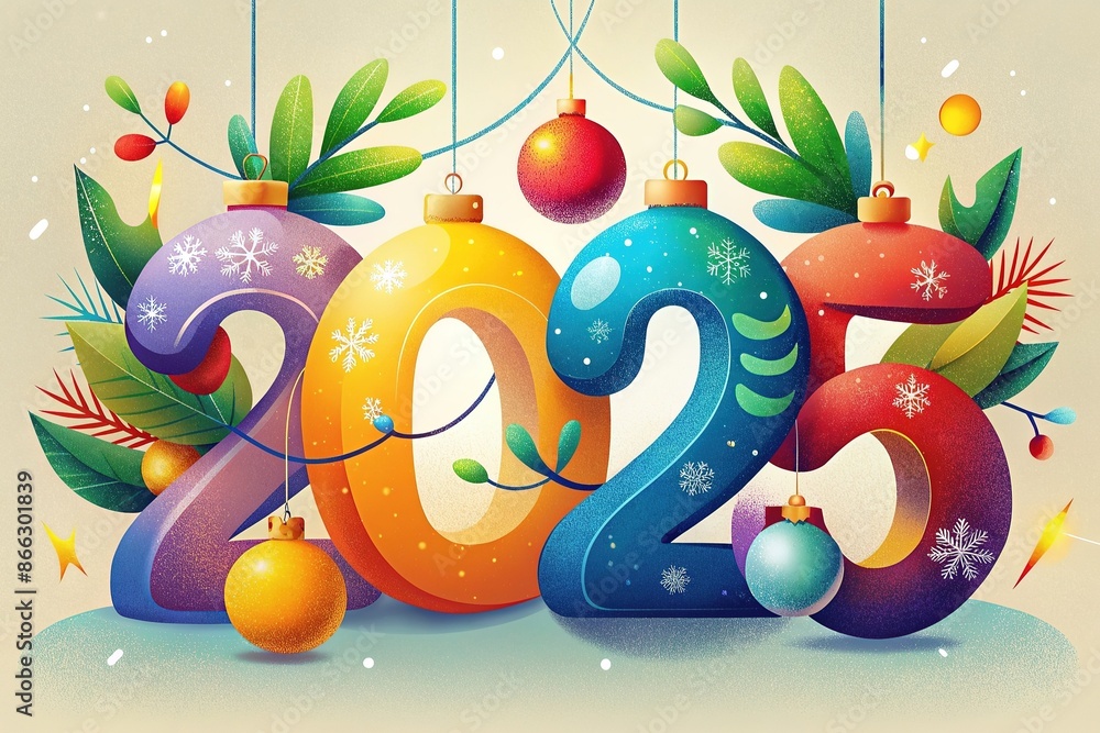 Naklejka premium New Year 2025 Creative Design Concept. Color text 2025, Christmas ornaments and garland on light background, snowflakes