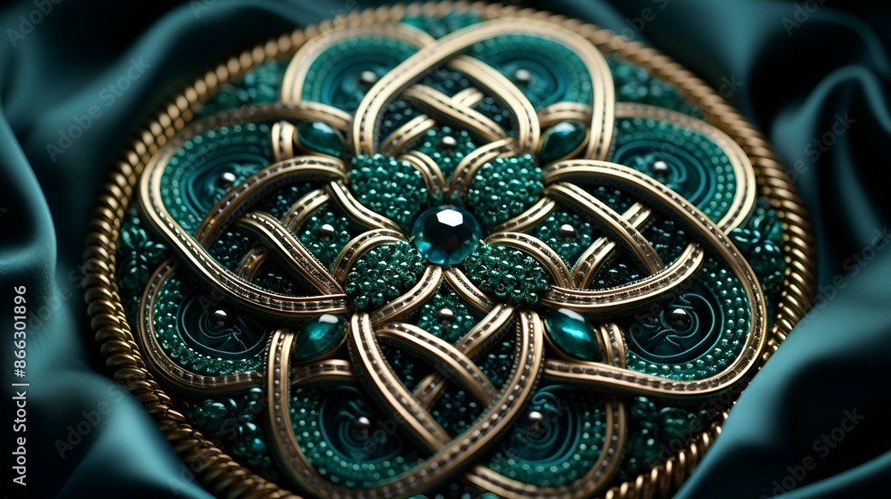 Obraz premium A brooch with an elegant green and gold design.