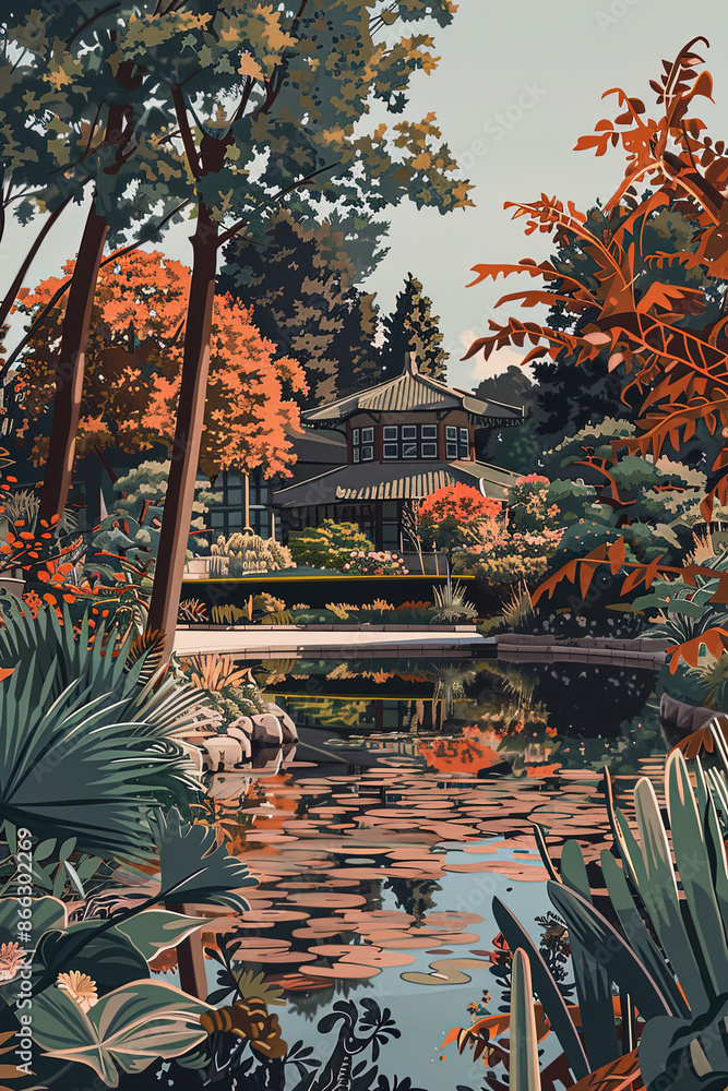 Obraz premium Exploring Dallas Arboretum and Botanical Garden - Ultra-Detailed Illustration