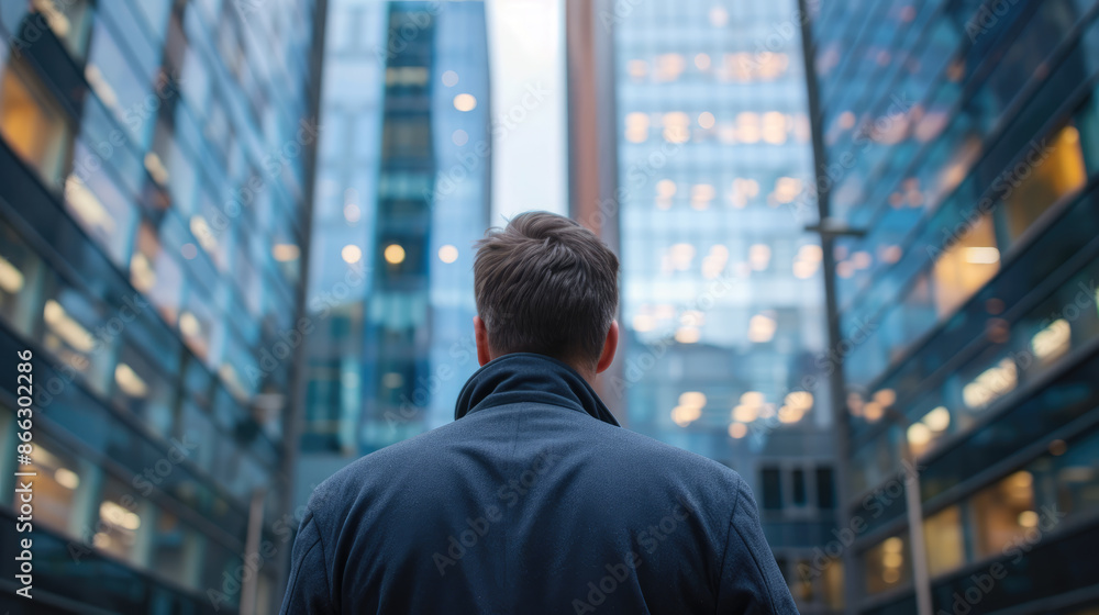 Businessman looking up at city buildings Businessman looking up at city buildings