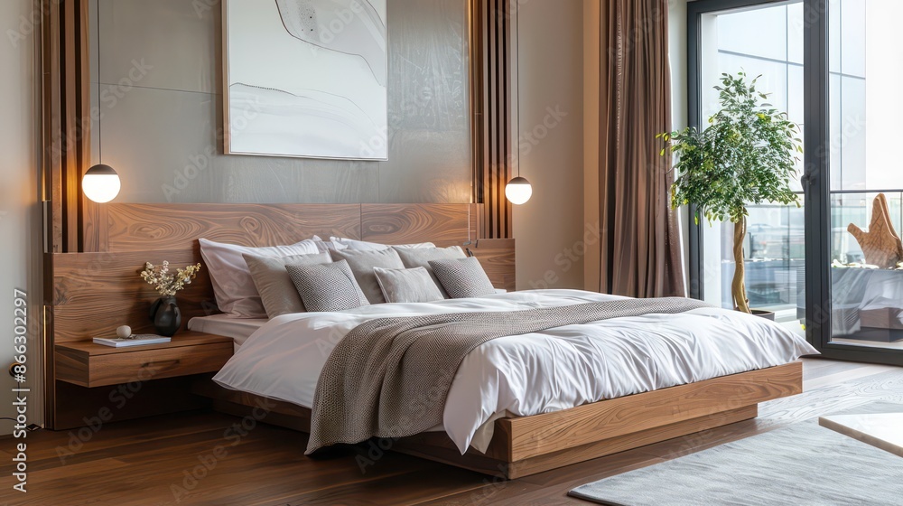 Fototapeta premium modern living room with bed, bedroom ideas, beautiful comfy bed, interior design