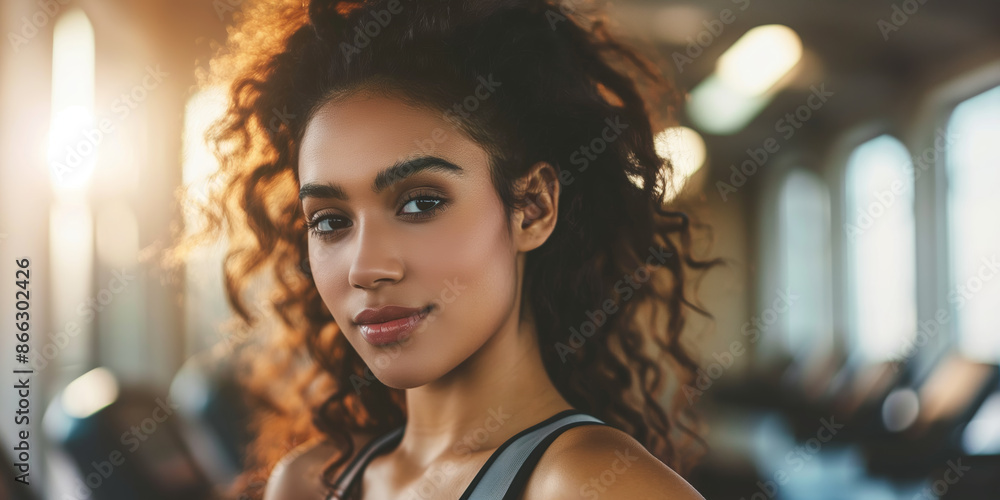 Fototapeta premium Confident Woman with Curly Hair in Sunlit Gym Fitness and Self Empowerment