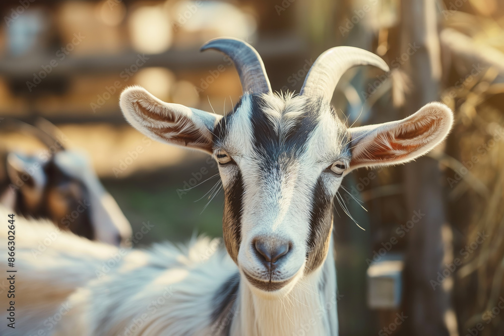 CloseUp of a Curious Goat in Sunlit Farmyard Setting Capturing Rural Life CloseUp of a Curious Goat in Sunlit Farmyard Setting Capturing Rural Life