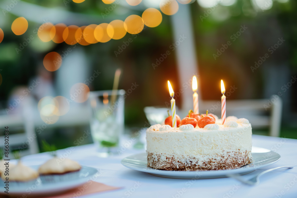 Outdoor Birthday Cake with Lit Candles and Bokeh Lights in Evening Garden Setting Outdoor Birthday Cake with Lit Candles and Bokeh Lights in Evening Garden Setting