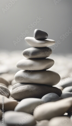 Pyramid of 3 Zen stones pebble rock white background photo