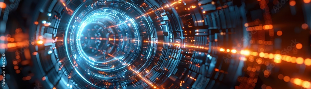 Obraz premium Futuristic digital tunnel with glowing blue and orange lights, representing advanced technology, data transfer, and high-speed connectivity.