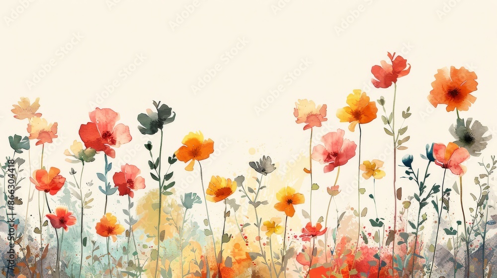 Watercolor painting of wildflowers in a field, with vibrant red, yellow, and orange colors. Nature, spring, and floral art concept Watercolor painting of wildflowers in a field, with vibrant red, yellow, and orange colors. Nature, spring, and floral art concept