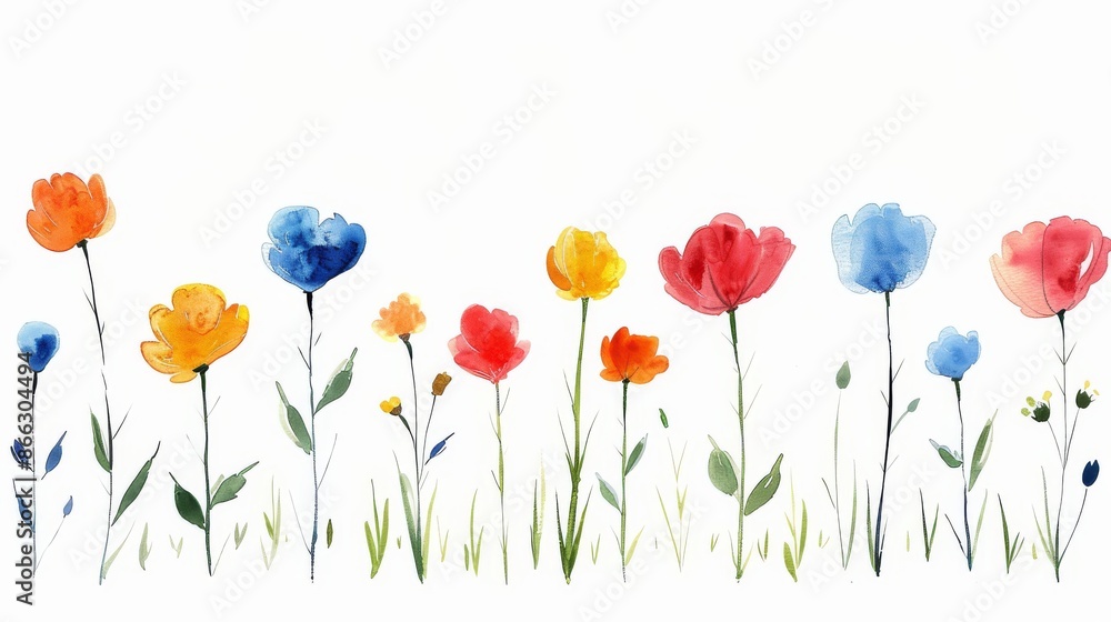 Fototapeta premium Watercolor painting of a row of colorful wildflowers, perfect for a floral design or a spring greeting card.