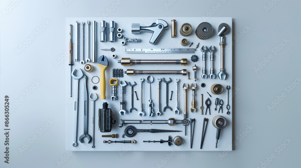 Fototapeta premium An orderly square of modern mechanical tools on a white canvas.