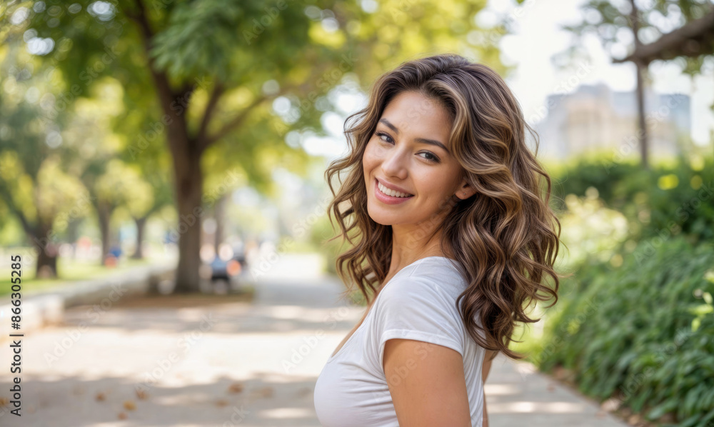 Smiling young woman with long brown hair in a park Smiling young woman with long brown hair in a park