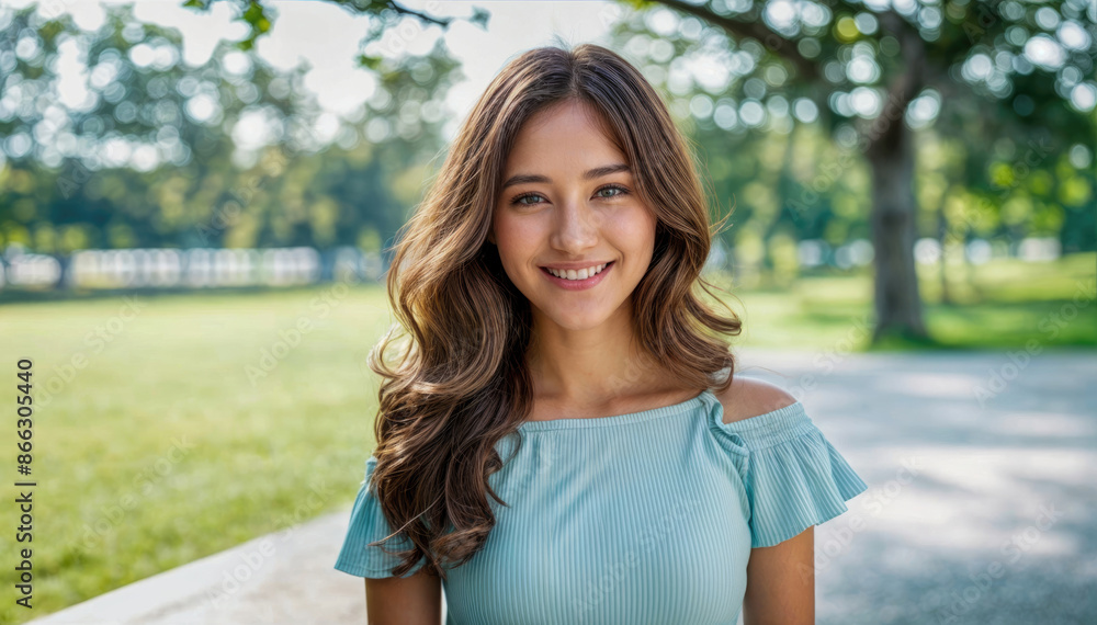Smiling young woman with long brown hair in a park Smiling young woman with long brown hair in a park