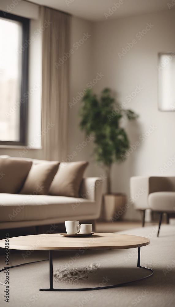 Round accent coffee table near beige sofa against wall with frame Minimalist interior design of mode Round accent coffee table near beige sofa against wall with frame Minimalist interior design of mode