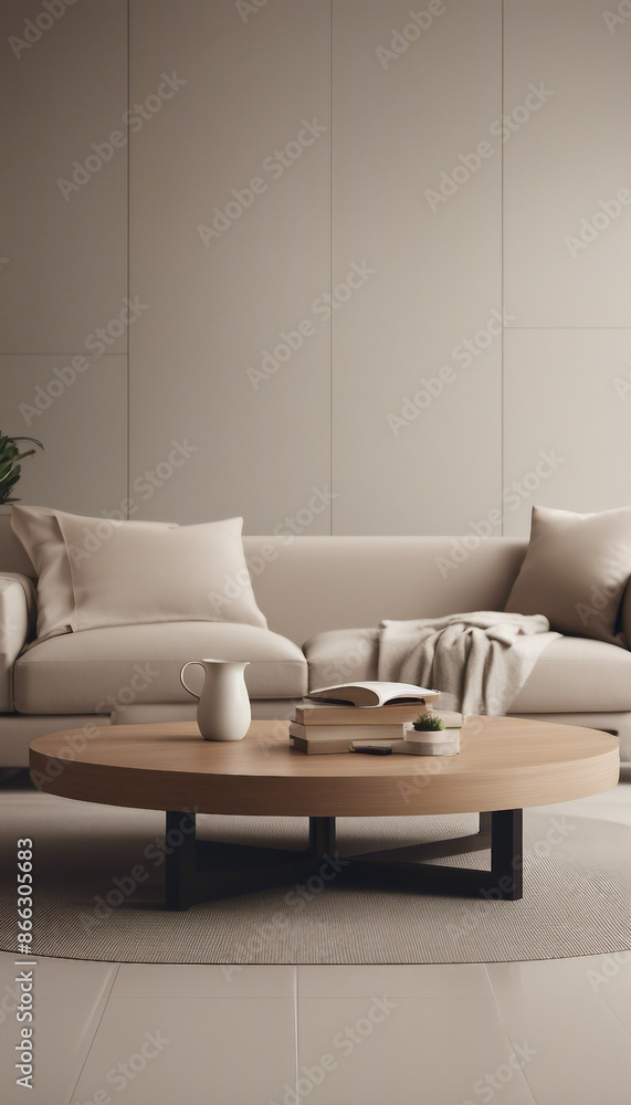 Round accent coffee table near beige sofa against wall with frame Minimalist interior design of mode Round accent coffee table near beige sofa against wall with frame Minimalist interior design of mode