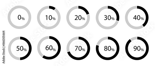 Circle loading and circle progress collection. Set of circle percentage diagrams for infographics, 0, 10, 20, 30, 40, 50, 60, 70, 80, 90, 100 percent.