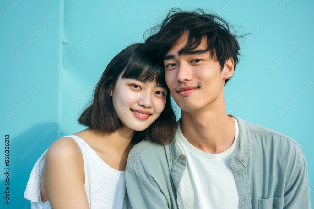 Pretty couple, age 19, Asian, holding each other close, first love, pastel blue background Pretty couple, age 19, Asian, holding each other close, first love, pastel blue background