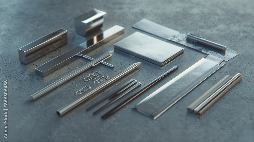 An organized square of metallic stationery supplies on a smooth concrete surface. An organized square of metallic stationery supplies on a smooth concrete surface.