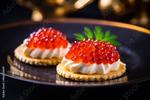  A caviar on a delicate cracker with cream cheese, party background