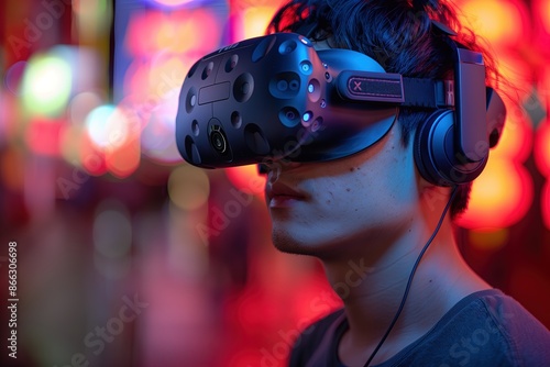 Man Wearing VR Headset with Colorful Neon Lights in Background  © Matt