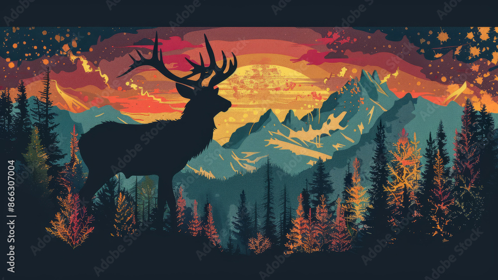 Deer Silhouette with Mountain Landscape Deer Silhouette with Mountain Landscape