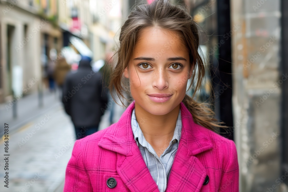 Smiling Woman with Freckles in Pink Coat Standing on City Street
Smiling Woman with Freckles in Pink Coat Standing on City Street