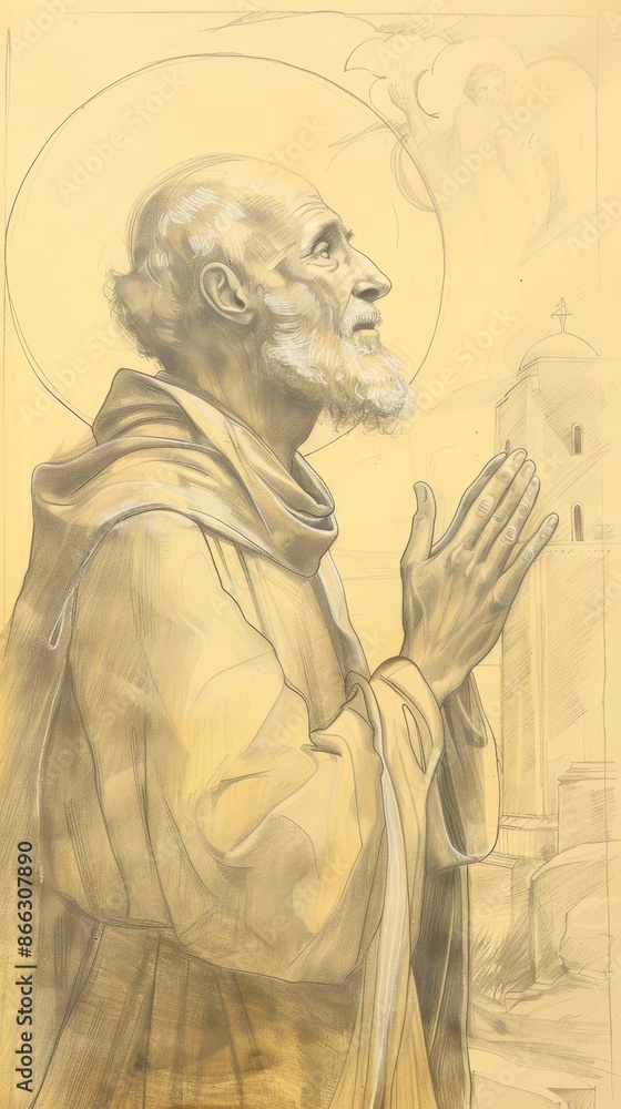 Fototapeta premium The painting of St. Dositheus of Gaza in Prayer in 6th-Century Monastery, Beige Background, Copyspace