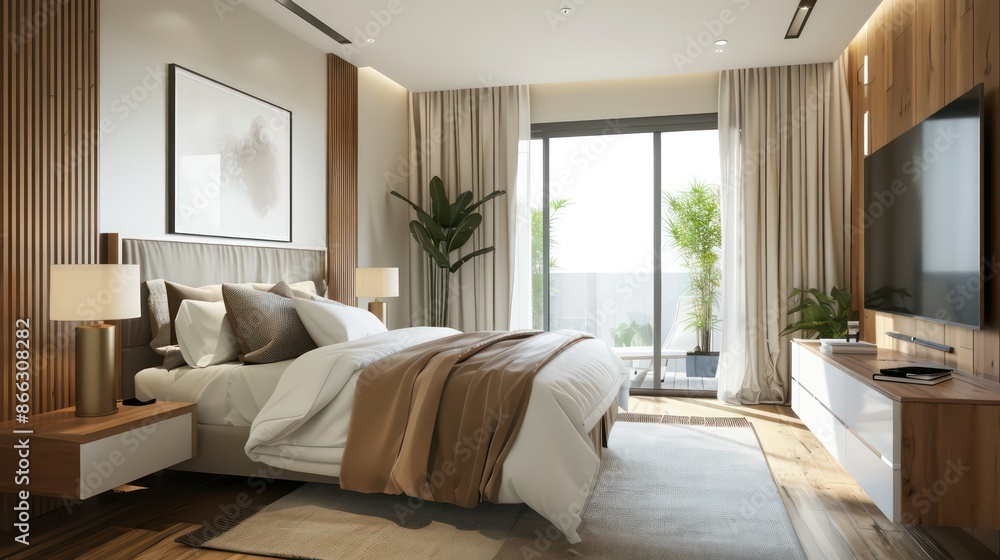 Fototapeta premium bedroom with bed, nightstand and wall art, plants, cozy bedroom home design, interior bedroom