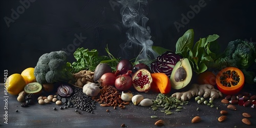 Vibrant Whole Ingredients Dark Vegetables, Fruits, and Superfoods for a Nutritious Diet. Concept Healthy Eating, Whole Foods, Nutrient-Rich Ingredients, Colorful Diet, Superfoods photo