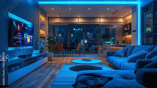 Futuristic smart living room featuring IoTenabled entertainment systems, voicecontrolled assistants, and automated climate control for ultimate convenience photo