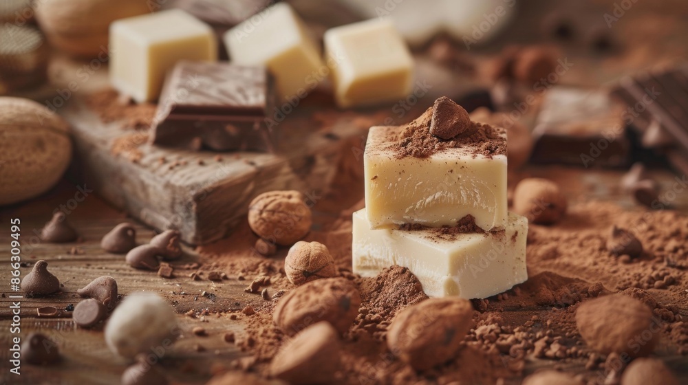 Assorted chocolates and cocoa powder Assorted chocolates and cocoa powder