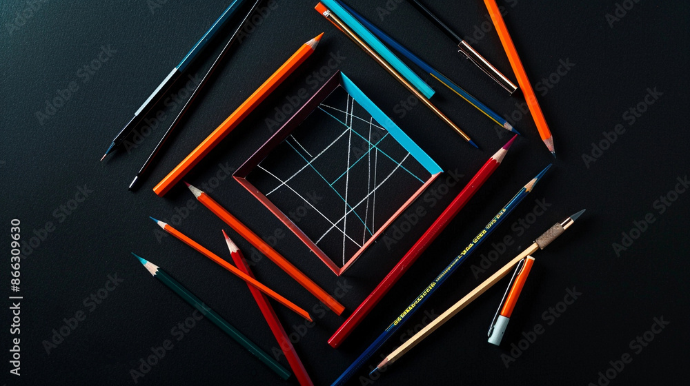 Assorted drawing tools forming a geometric square on a black background. Assorted drawing tools forming a geometric square on a black background.