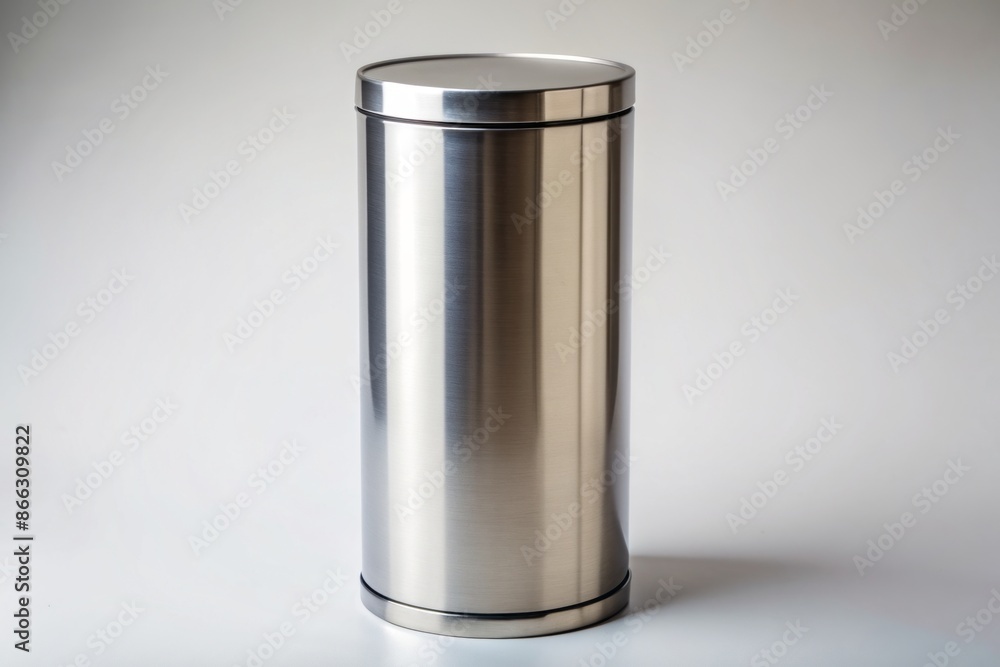 Sleek, modern, stainless steel cylindrical trash can with a smooth, reflective surface and a minimalist design, standing solo on a clean, empty background. Sleek, modern, stainless steel cylindrical trash can with a smooth, reflective surface and a minimalist design, standing solo on a clean, empty background.