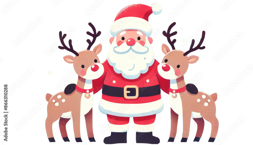 Santa Claus with reindeer in a snowy background. Santa should be in his traditional red suit Santa Claus with reindeer in a snowy background. Santa should be in his traditional red suit