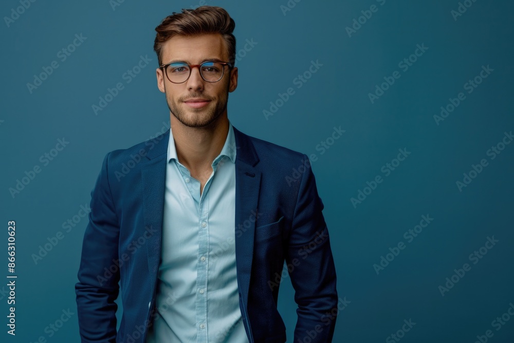 Clothing Model. Attractive Caucasian Adult in Blue Business Attire with Cheerful Expression Clothing Model. Attractive Caucasian Adult in Blue Business Attire with Cheerful Expression