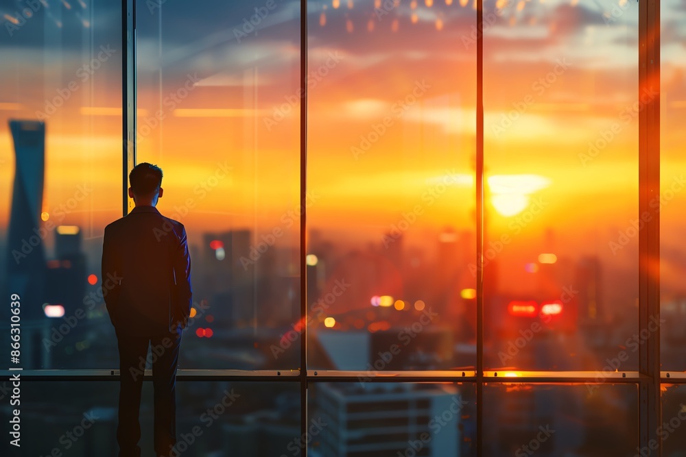 Silhouette of a man standing by a window in an office, overlooking a vibrant city skyline during sunset. Silhouette of a man standing by a window in an office, overlooking a vibrant city skyline during sunset.