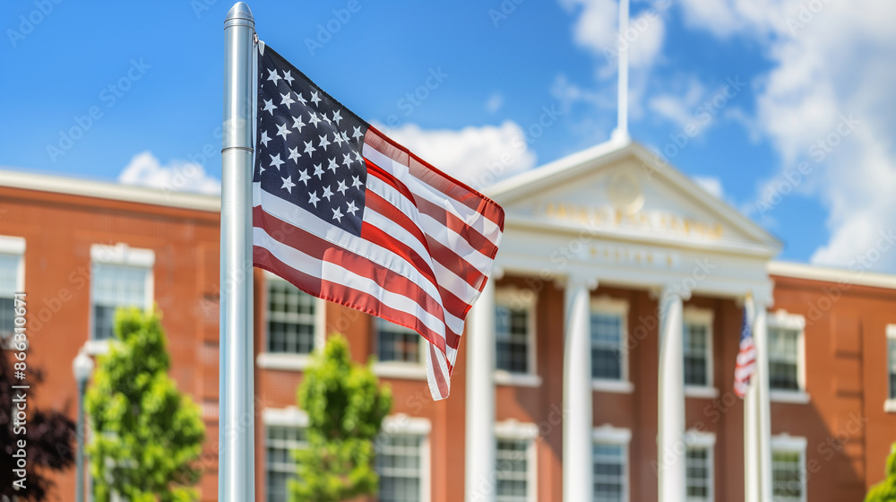 Fototapeta premium a close-up image of an American flag on a flagpole in front of a government building, American Flag, Patriotism, Flying, celebrations, Independence day, 4th july, with copy space