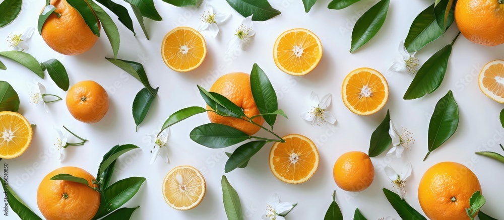 Top view of blooming orange tree branches with leaves and sliced oranges on a white background. Top view of blooming orange tree branches with leaves and sliced oranges on a white background.