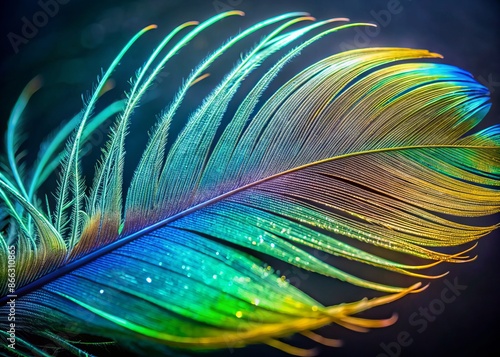 Delicate, swirling patterns of iridescent blues and emerald greens dance across the intricate, curved surface of a single, mesmerizing bird feather. photo