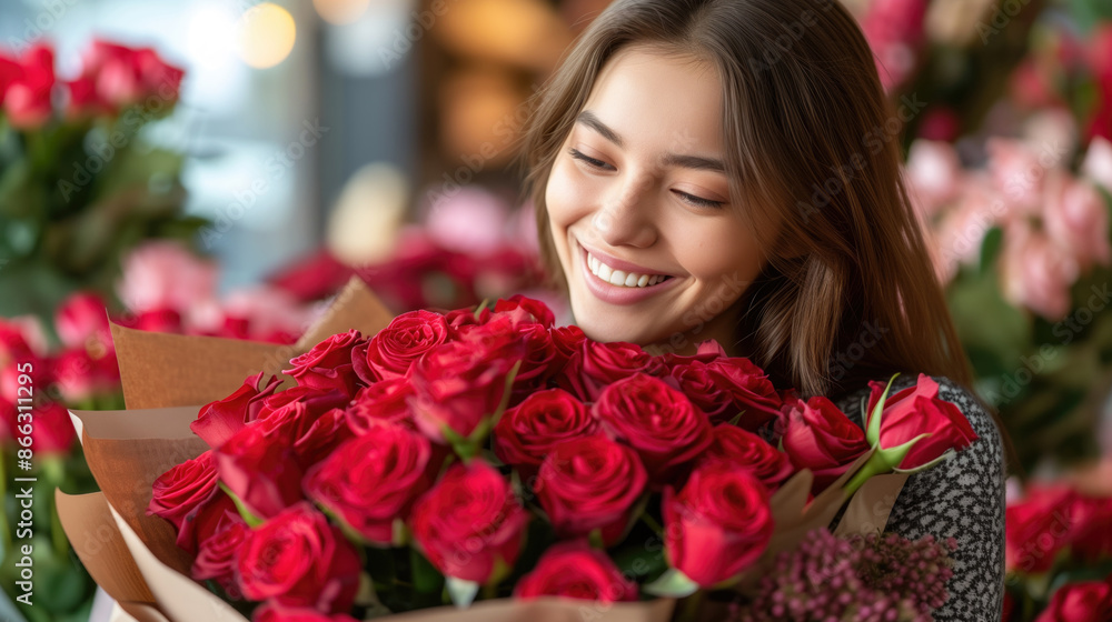 Smiling Woman Holding Bouquet of Red Roses in Floral Shop. Smiling Woman Holding Bouquet of Red Roses in Floral Shop.