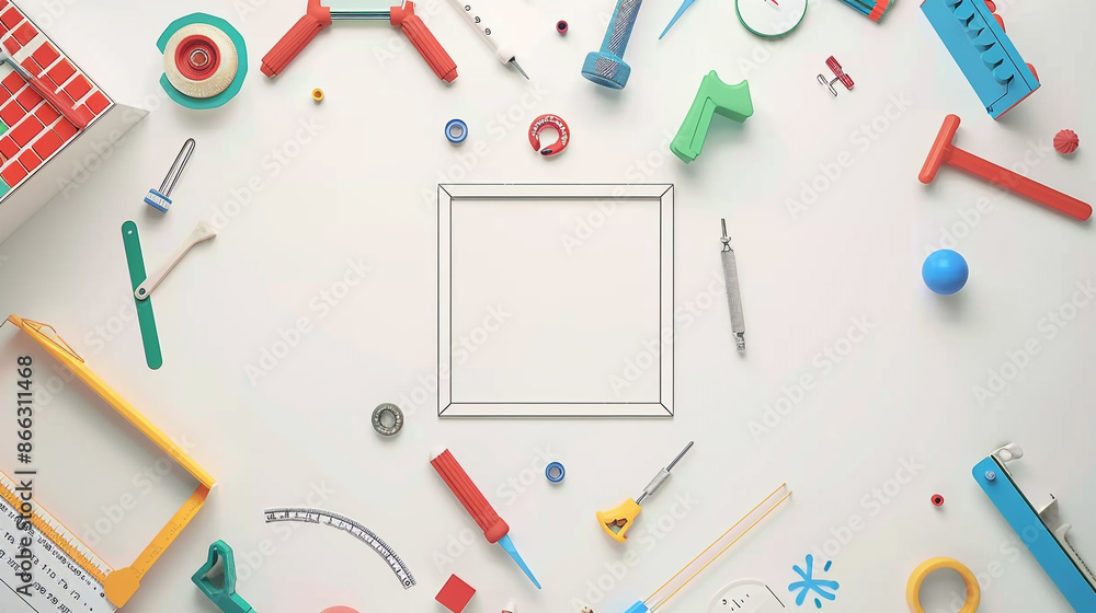 Assorted educational tools forming a geometric square on a white background. Assorted educational tools forming a geometric square on a white background.