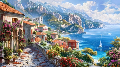 Charming picturesque Italian village with arched buildings and vibrant flowers lining the cobblestone streets, nestled between majestic mountains and the clear blue sea, bathed in warm sunlight creati