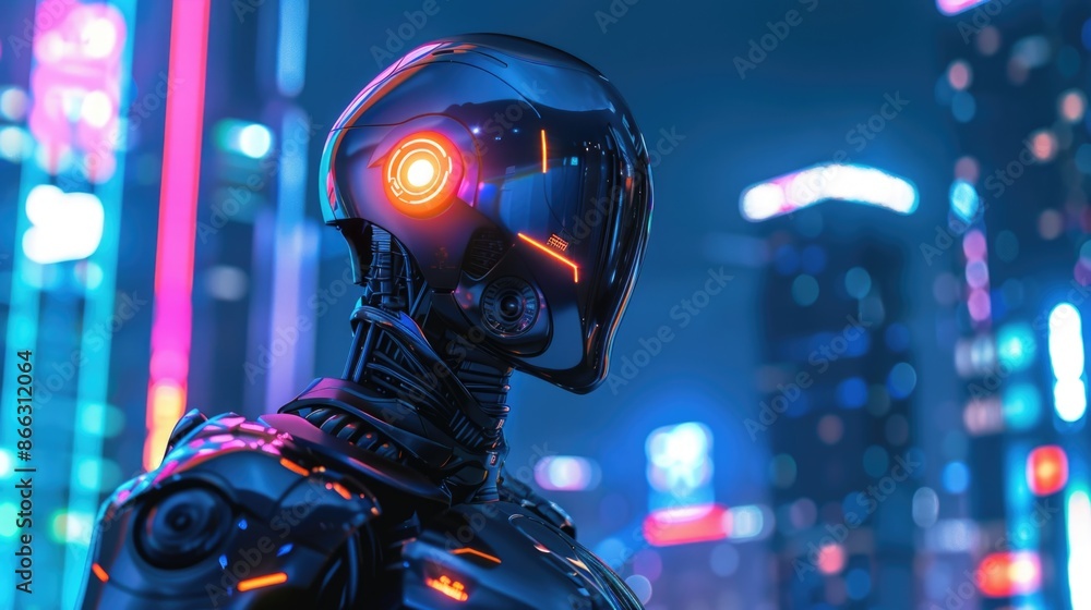 Cyberpunk robot with glowing eye majestically standing in front of night glowing metropolis Cyberpunk robot with glowing eye majestically standing in front of night glowing metropolis