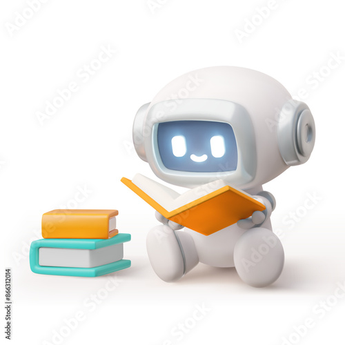 3D chat bot. Robot sits and reads books.