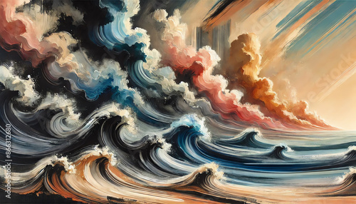An abstract painting of a seascape with dark, turbulent waves with Pomp and power, Blush, Rose pompadour colors photo