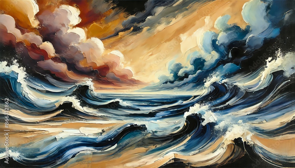 An abstract painting of a seascape with dark, turbulent waves An abstract painting of a seascape with dark, turbulent waves
