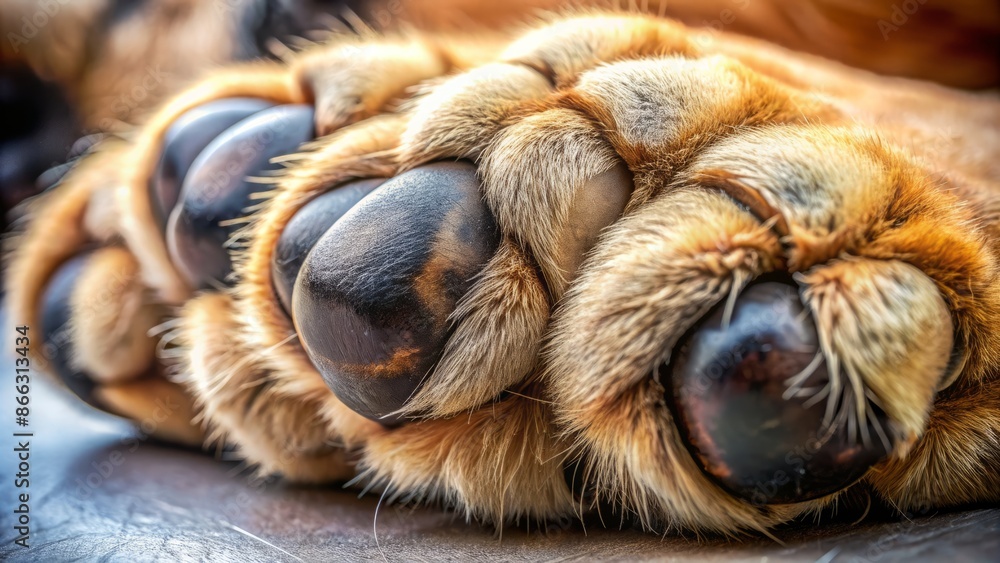 Soft, cushioned animal paw pad with gentle wrinkles and tiny hairs, showcased in extreme close-up, revealing intricate details and textures of nature's wonders. Soft, cushioned animal paw pad with gentle wrinkles and tiny hairs, showcased in extreme close-up, revealing intricate details and textures of nature's wonders.