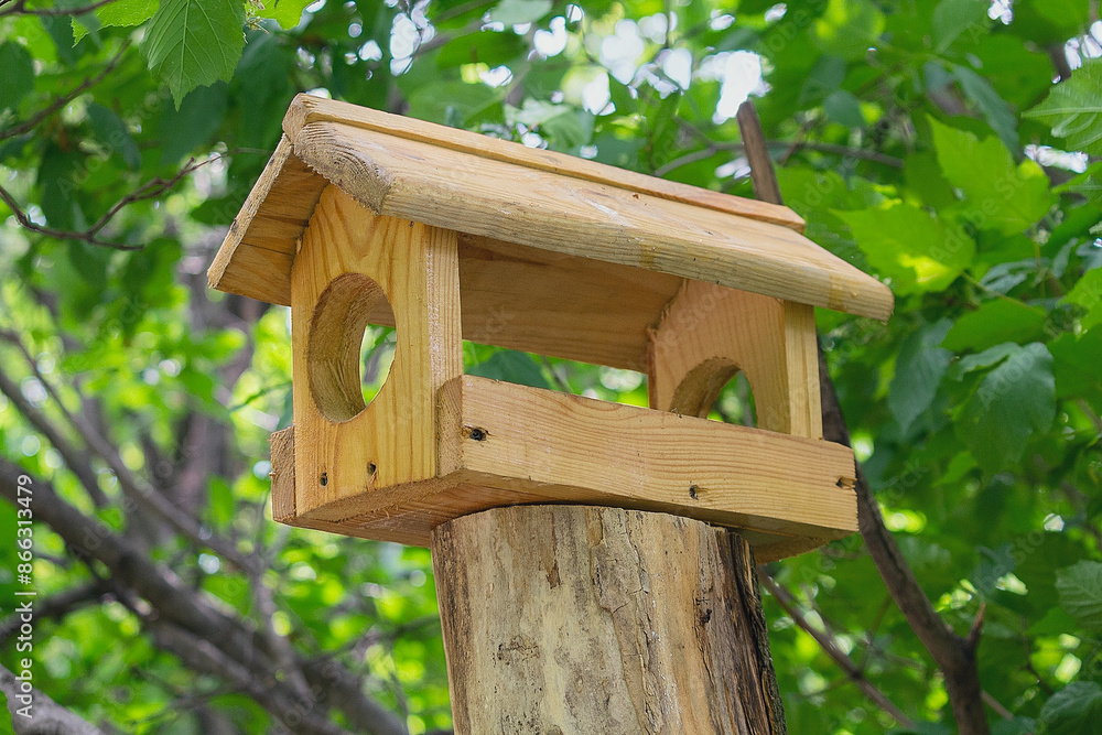 Wooden birdhouse for birds on a tree in the park Wooden birdhouse for birds on a tree in the park
