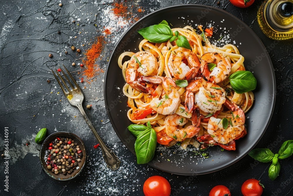 Delicious Shrimp and Tomato Pasta with Fresh Herbs on Rustic Table Delicious Shrimp and Tomato Pasta with Fresh Herbs on Rustic Table