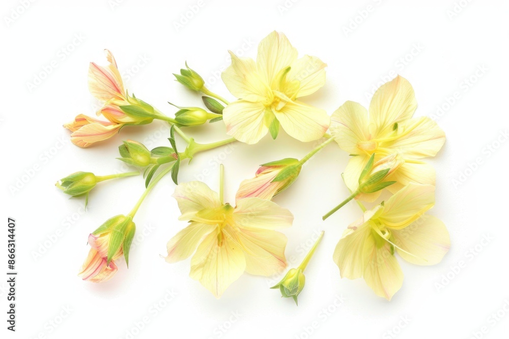Fototapeta premium Delicate Evening Primrose Blooms on White Background - Perfect for Floral Designs and Nature Art