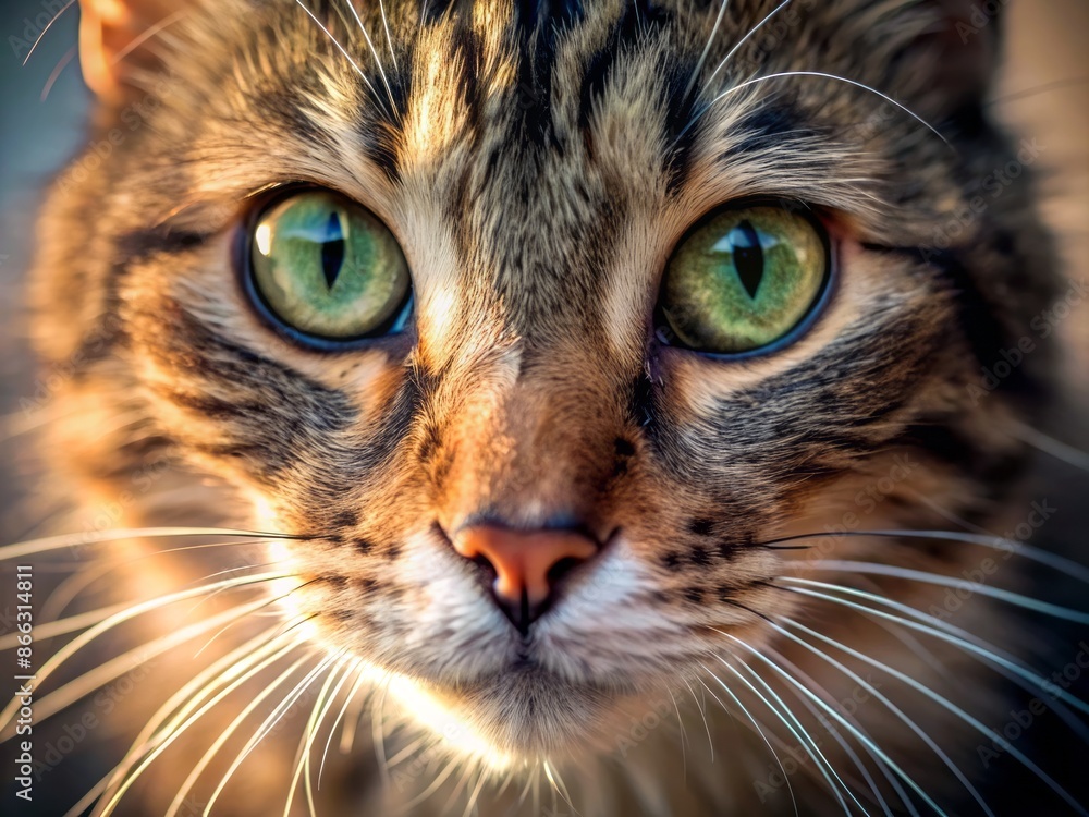 Delicate close-up of a curious cat's face highlighting extremely sensitive whiskers, showcasing intricate details and fine hair texture in soft, natural morning light. Delicate close-up of a curious cat's face highlighting extremely sensitive whiskers, showcasing intricate details and fine hair texture in soft, natural morning light.